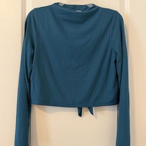 Ribbed Long-Sleeve Crop Top with Back Tie in Teal Blue
